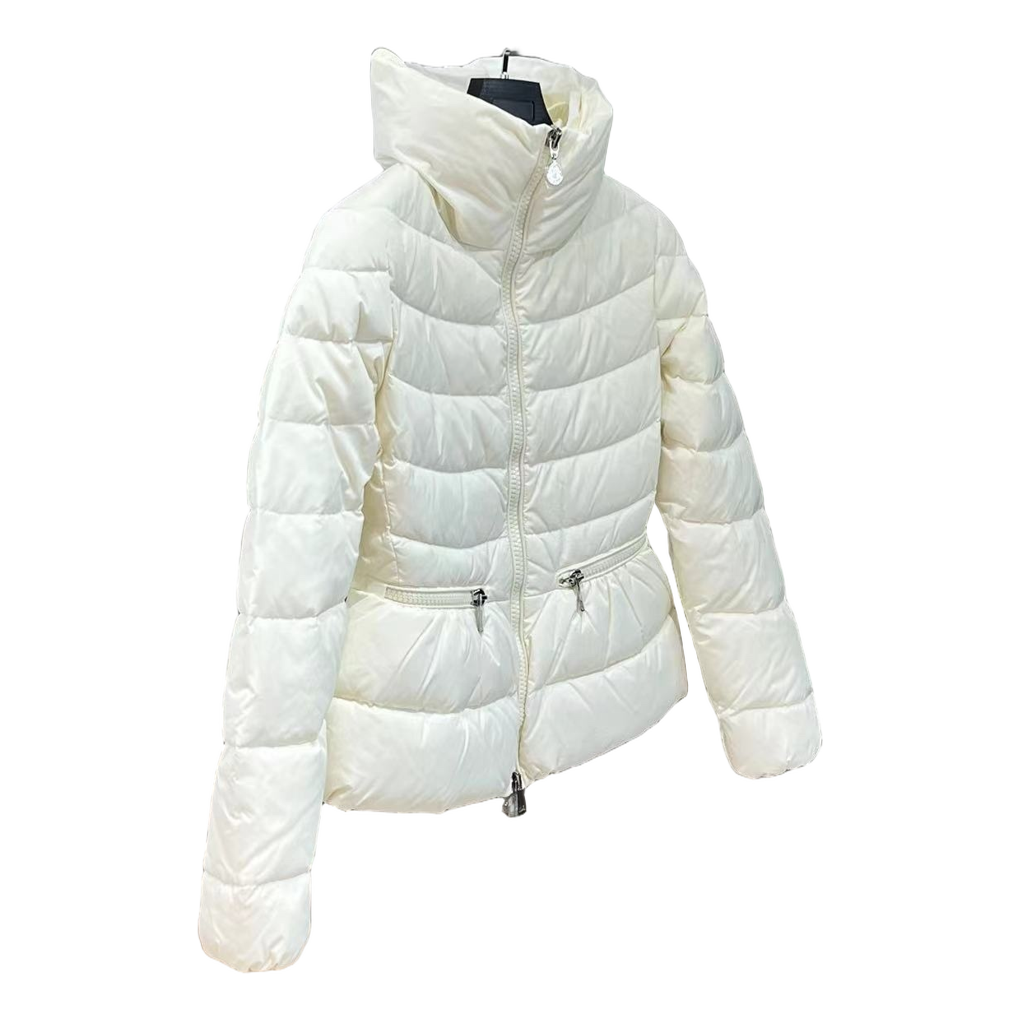 Moncler Drawstring-Waist Stand-Collar Puffer Jacket in Ivory