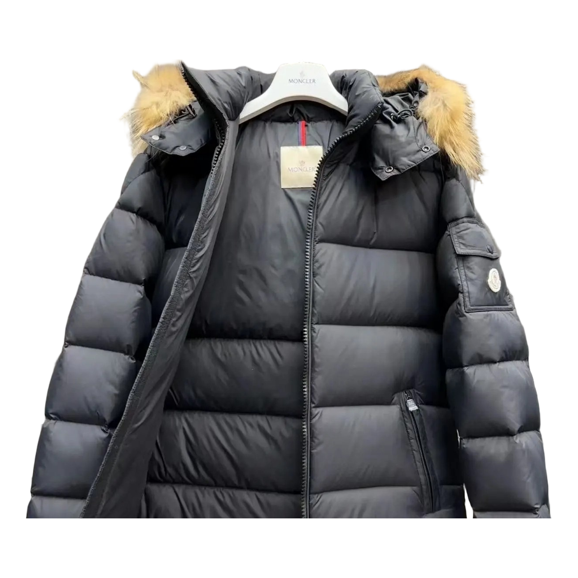 Moncler Fur-Trim Hooded Short Puffer Jacket in Black