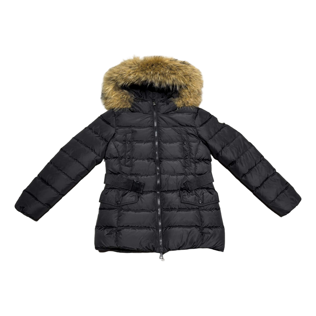 Moncler Four-Pocket Belted Fur-Trim Puffer Jacket in Black