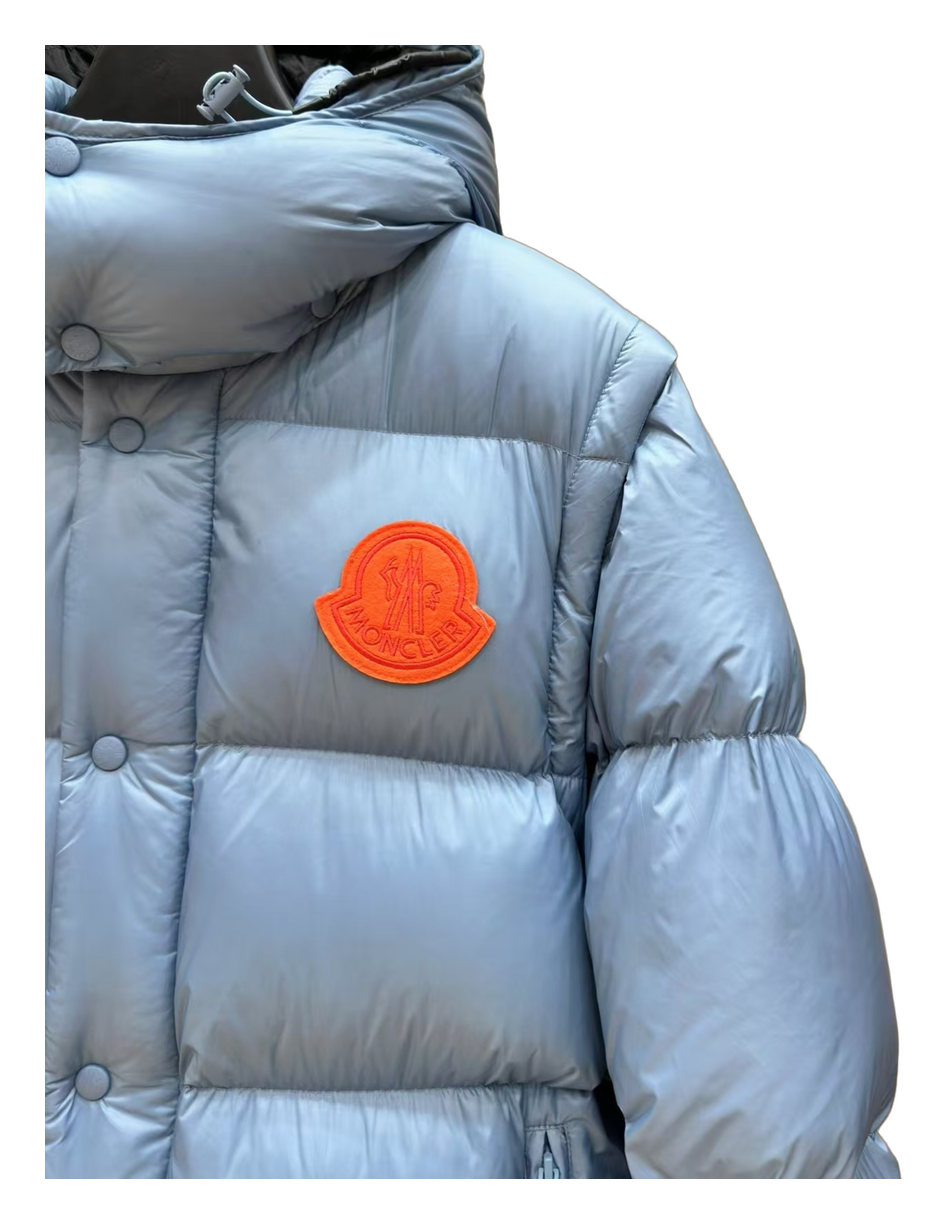 Moncler Orange-Badge Hooded Puffer Jacket in Ice Blue