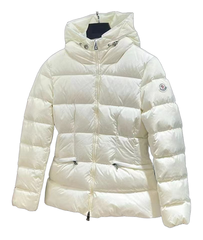 Moncler Fitted Hooded Short Puffer Jacket in Ivory