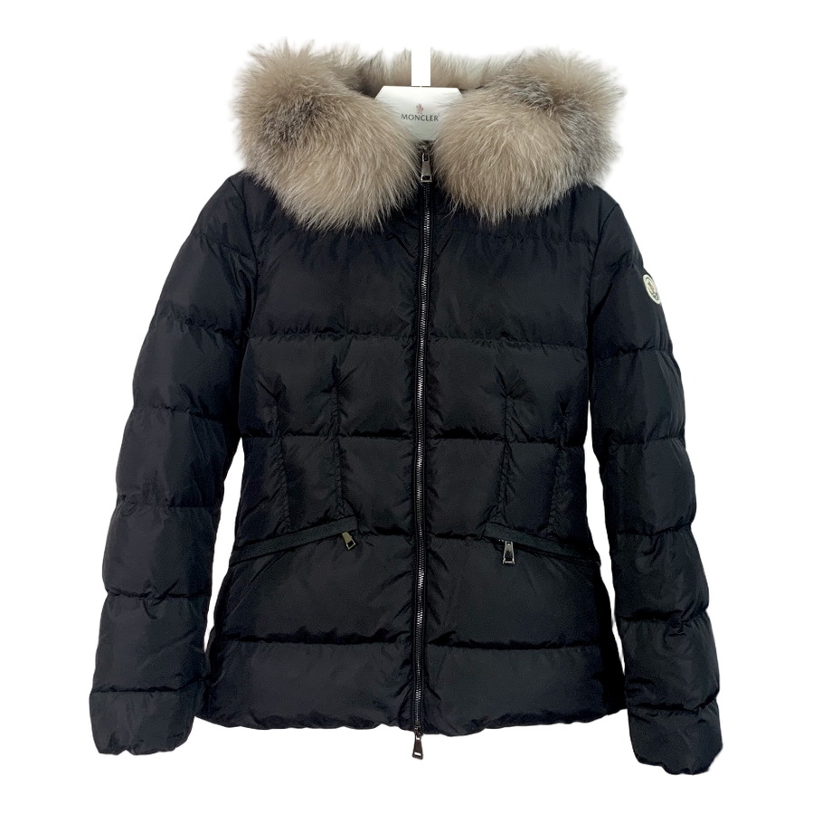 Moncler Cinched-Waist Fur-Trim Hooded Puffer Jacket in Black