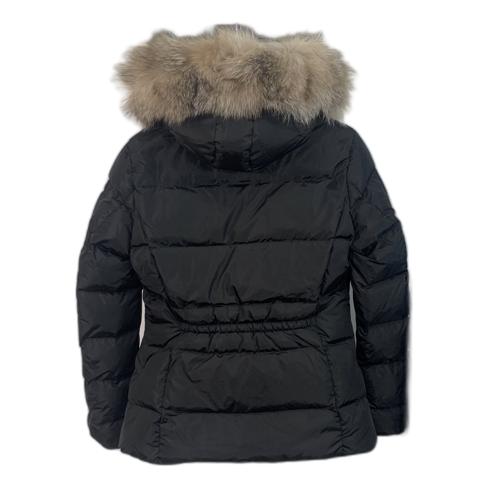 Moncler Cinched-Waist Fur-Trim Hooded Puffer Jacket in Black