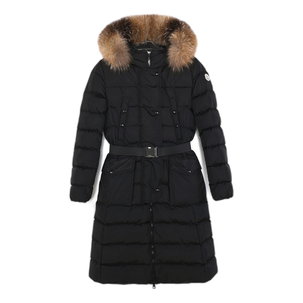 Moncler Khloe Belted Fur-Trim Hooded Long Coat in Black