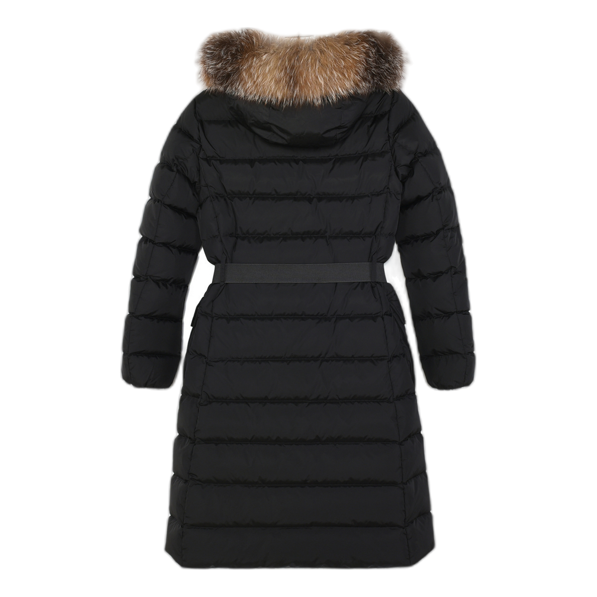 Moncler Khloe Belted Fur-Trim Hooded Long Coat in Black
