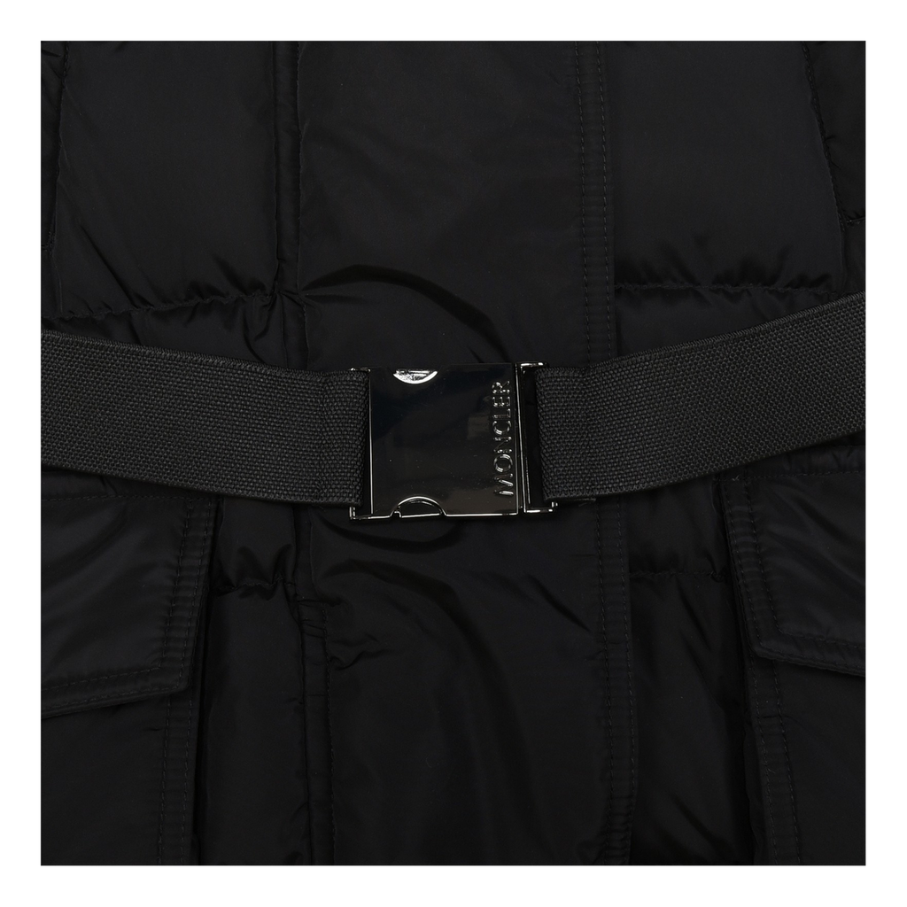 Moncler Khloe Belted Fur-Trim Hooded Long Coat in Black