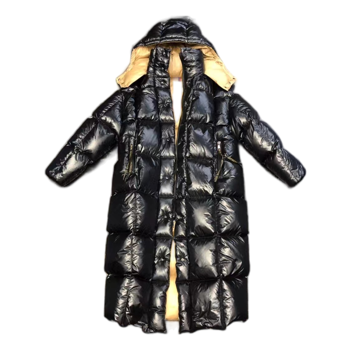 Moncler Gold-Lined Glossy Long Puffer Coat in Black
