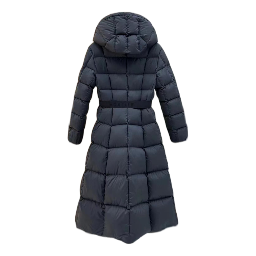 Moncler Drawstring-Hood Fitted Long Puffer Coat in Black