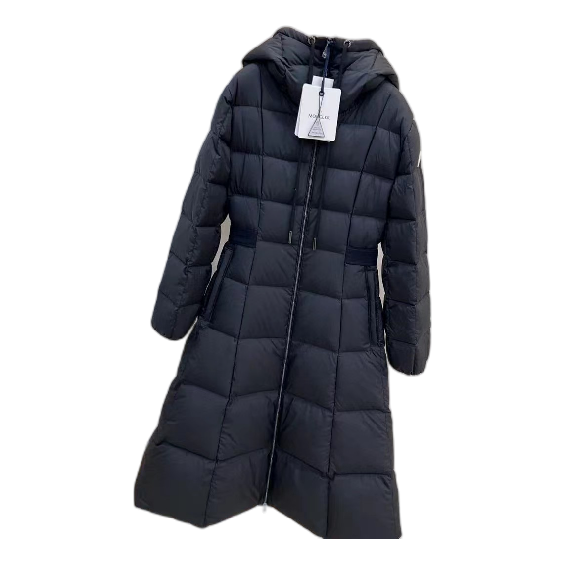 Moncler Drawstring-Hood Fitted Long Puffer Coat in Black