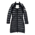 Moncler Narrow-Quilt Fur-Trim Hooded Long Puffer Coat in Black
