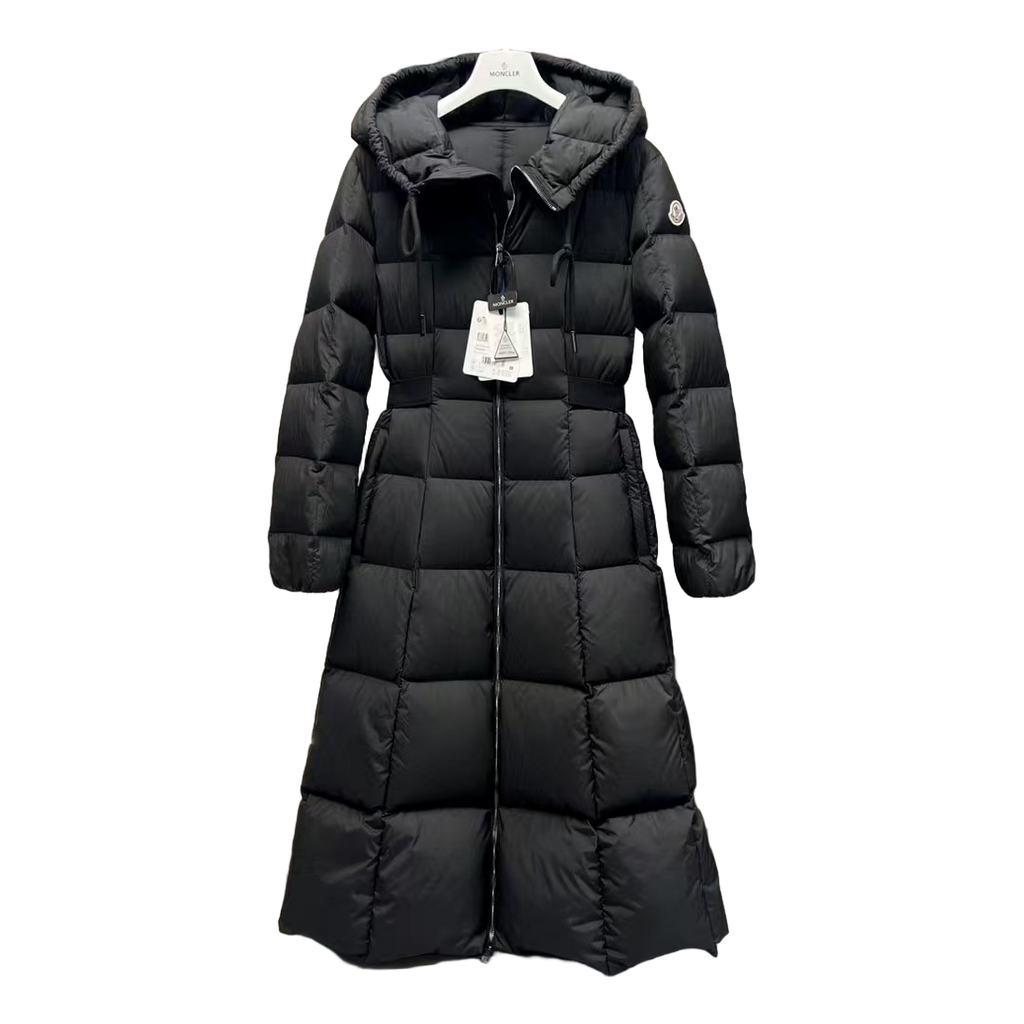 Moncler Fitted Long Hooded Puffer Coat in Black