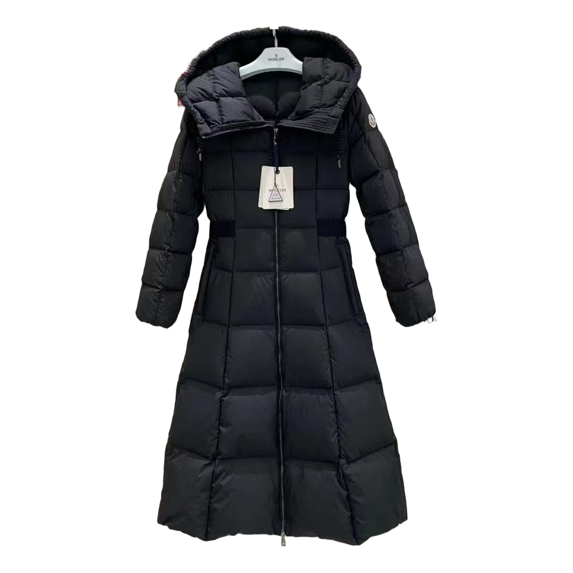 Moncler Fitted Long Hooded Puffer Coat in Black
