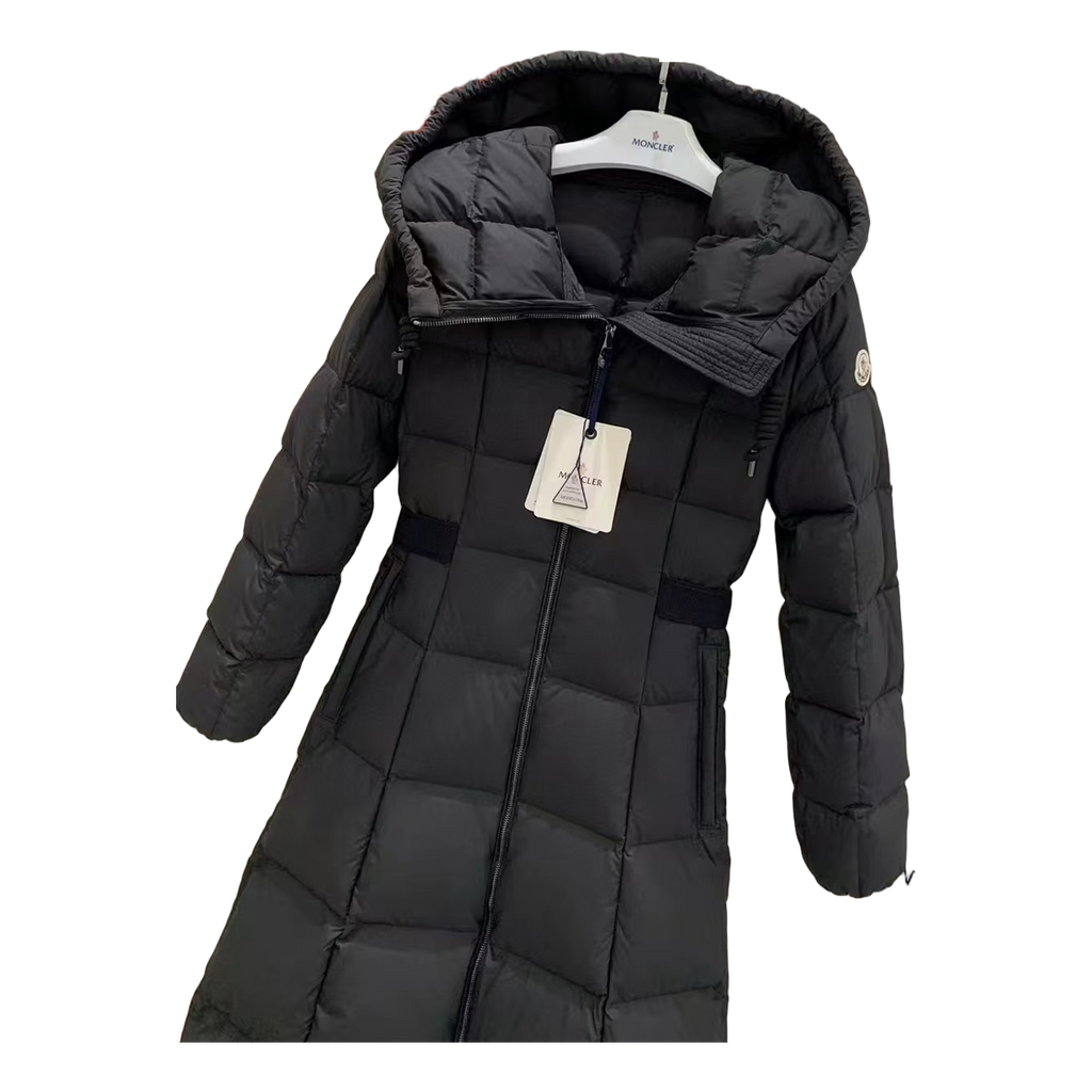 Moncler Fitted Long Hooded Puffer Coat in Black