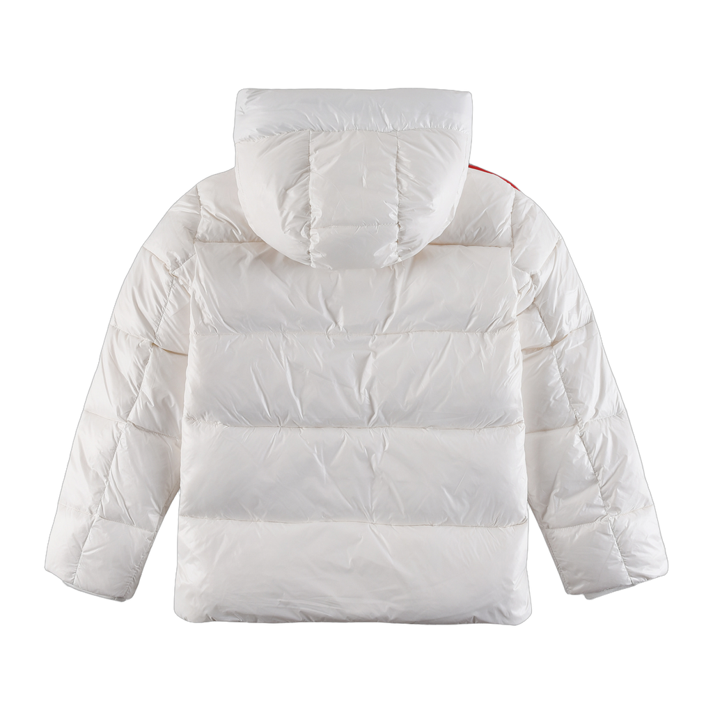 Moncler Tricolour Sleeve-Stripe Hooded Puffer Jacket in White