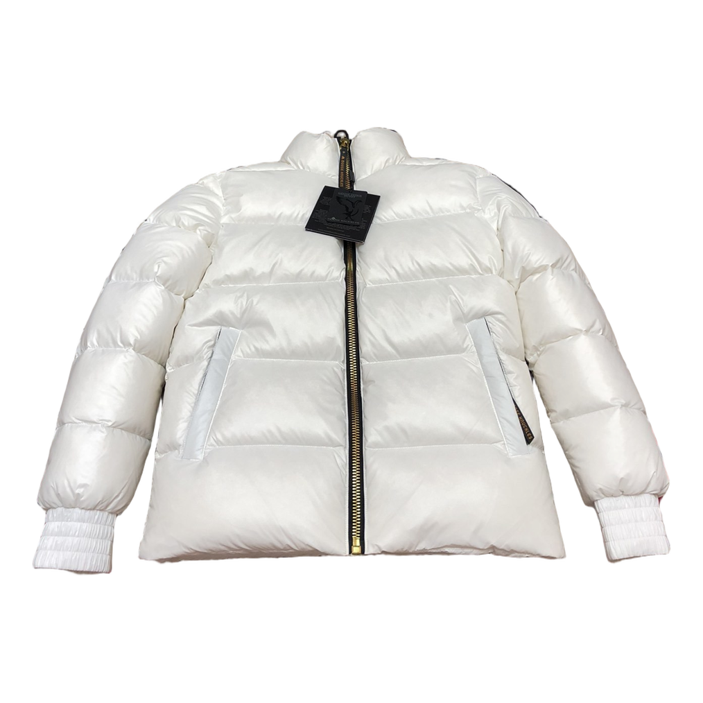 Moose Knuckles Logo-Zip Quilted Puffer Bomber Jacket in Off White