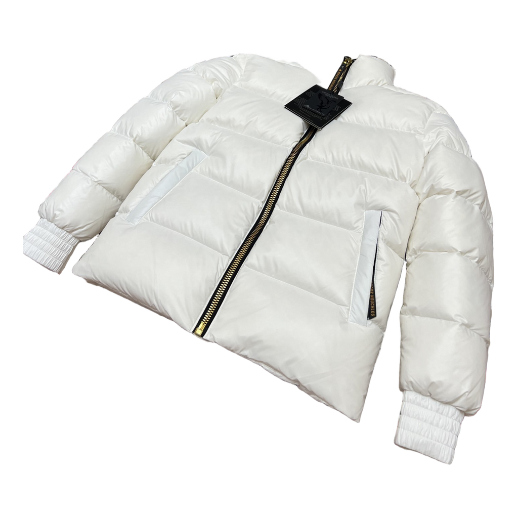 Moose Knuckles Logo-Zip Quilted Puffer Bomber Jacket in Off White