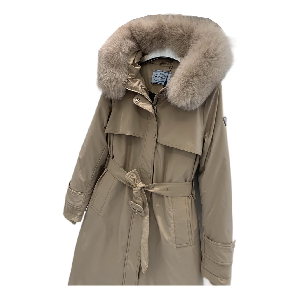 Prada Belted Fur-Trim Hooded Coat in Beige