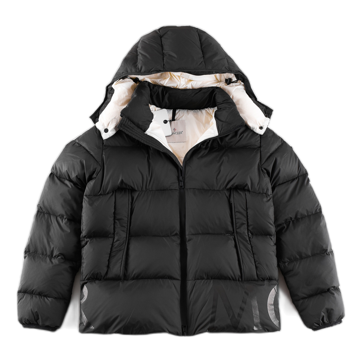 Moncler Contrast-Lined Logo-Hood Puffer Jacket in Black
