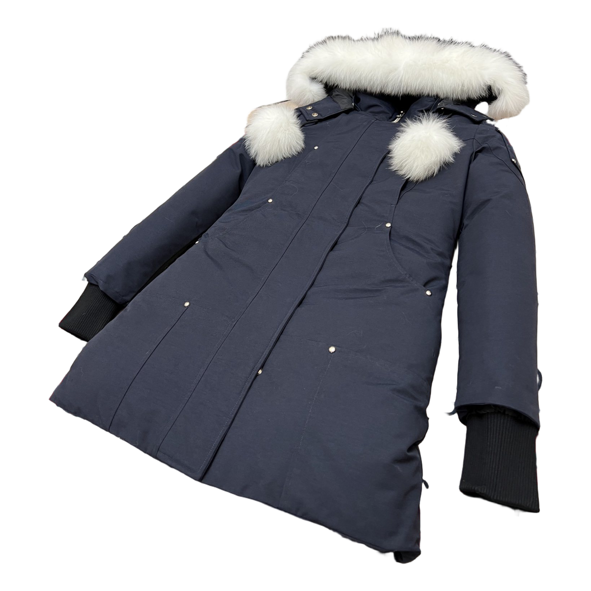 Moose Knuckles Stirling Pom-Pom Fur-Trim Parka in Navy