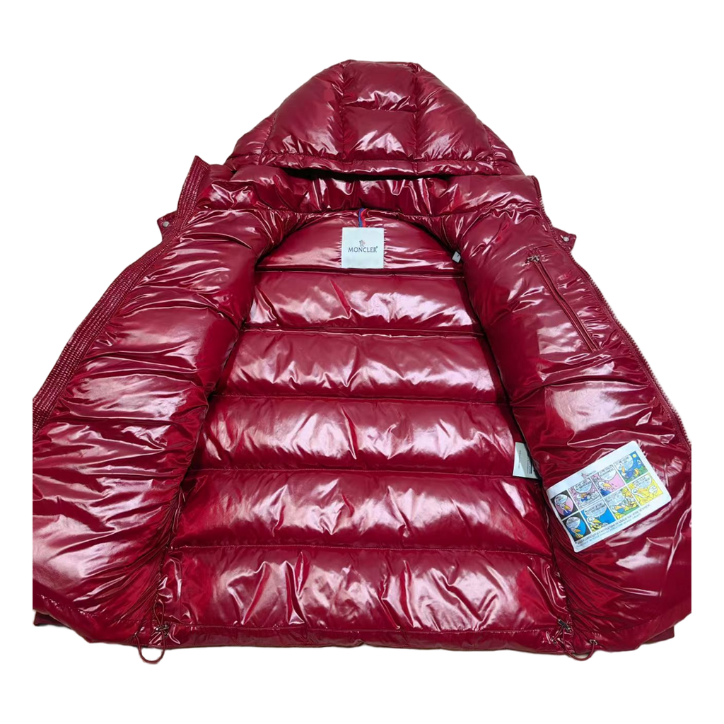 Moncler Logo-Zip Glossy Hooded Puffer Jacket in Red